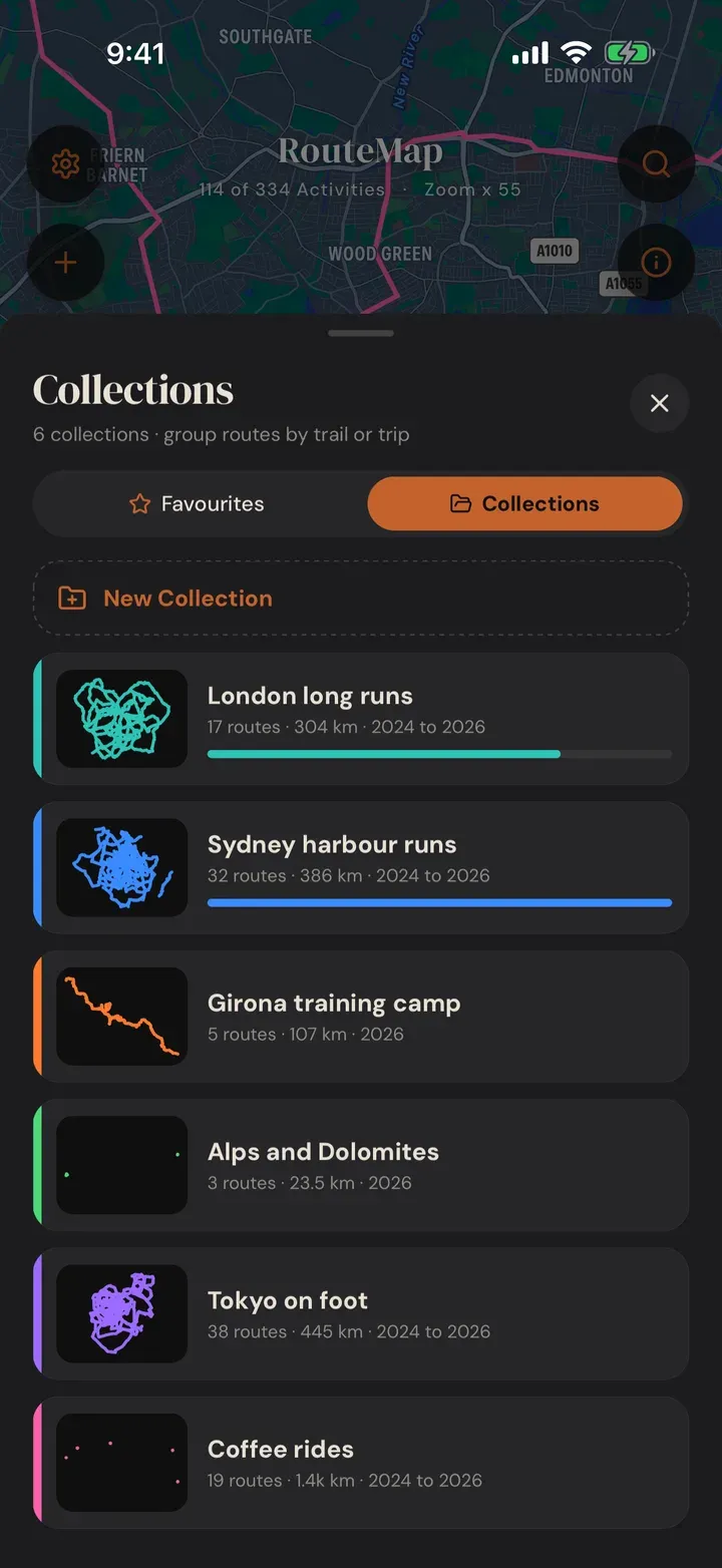 The RouteMap Collections sheet listing London long runs, Sydney harbour runs, a Girona training camp and more, each with its route count, distance and years