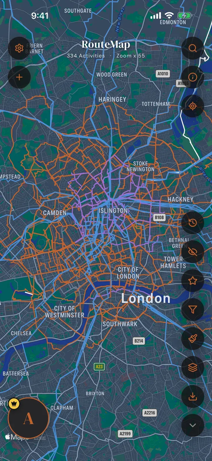 RouteMap over satellite imagery of Sydney Harbour, years of runs and rides drawn as coloured lines