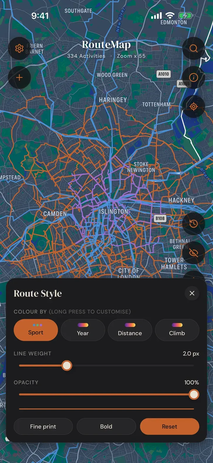 The RouteMap Route Style panel with Colour by Sport, Year, Distance and Climb, and sliders for line weight and opacity