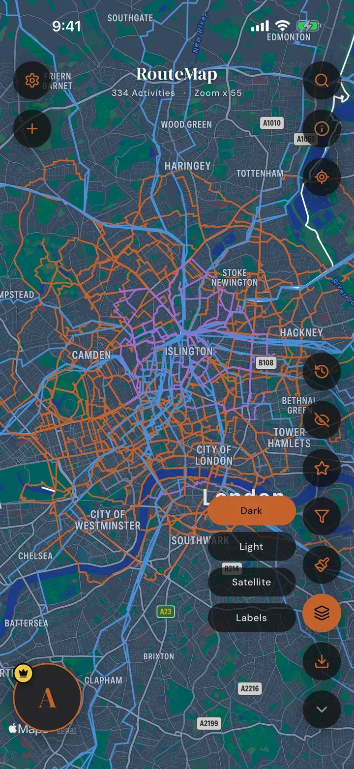 The RouteMap map style switcher, offering dark, light, satellite, topo and place labels