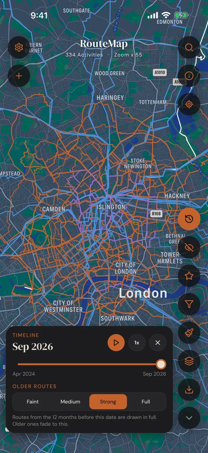 The RouteMap Timeline playing a London map at September 2026, with play, speed and older route controls